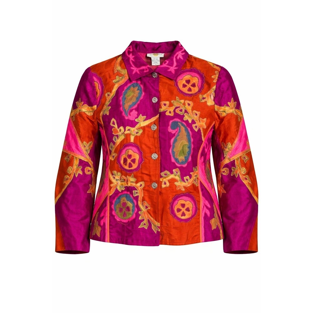 Vtg Sandy Starkman Women's M Boho Pink Neon Bright Silk Blend Embroidered Jacket